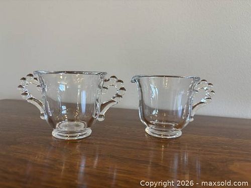 Clear Glass Creamer and Sugar Bowl Set with Ornate Handles (1 of 5)