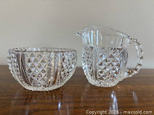 Clear Pressed Glass Creamer and Sugar Bowl, Diamond/Starburst Pattern (1 of 5)