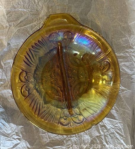 Marigold Carnival Glass Serving Plate, 8 in Pressed Floral (1 of 6)