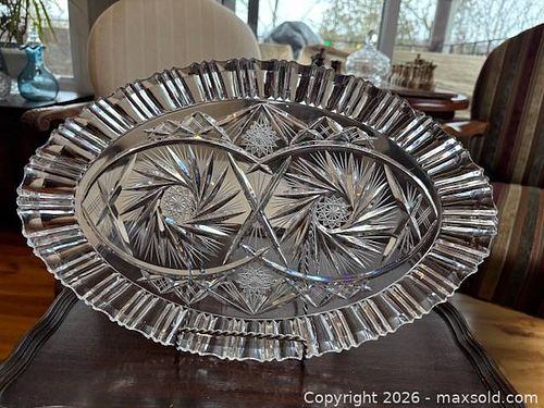 Vintage Clear Oval Cut Glass Serving Bowl, Starburst Pattern (1 of 2)