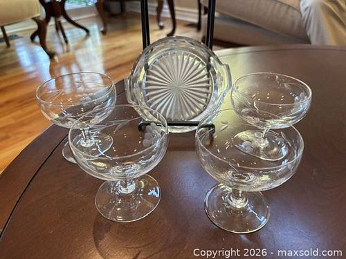 Vintage Cut Crystal Etched Champagne Glasses & Small Bowl (5pc) (1 of 5)