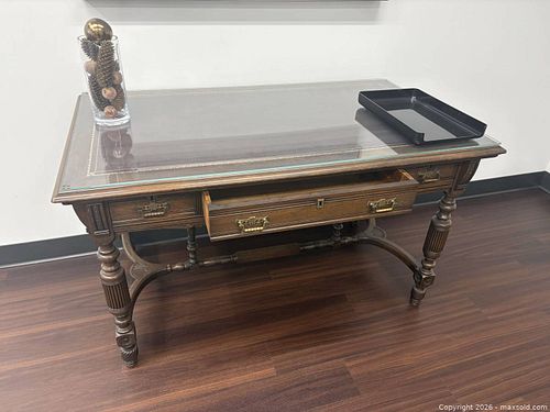 Antique Victorian Wood Desk with Glass Top & Leather Inlay (1 of 3)
