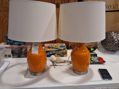 Pair of Ceramic Table Lamps with Drum Shades, Orange & White (1 of 3)