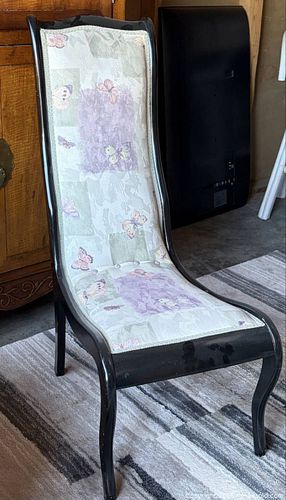 Antique  lacquer wood Frame Slipper Chair with Butterfly Floral Fabric (1 of 4)