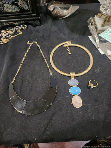 Gold-Tone Necklace and Ring Lot with Turquoise, Rose Quartz & Onyx (1 of 6)