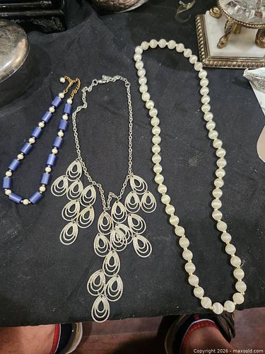 Lot of 3 Costume Necklaces - Silver, Cream, Blue (1 of 3)