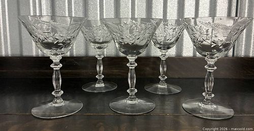 Set of 5 Vintage Clear Crystal Coupe Glasses with Etched Floral Design (1 of 9)