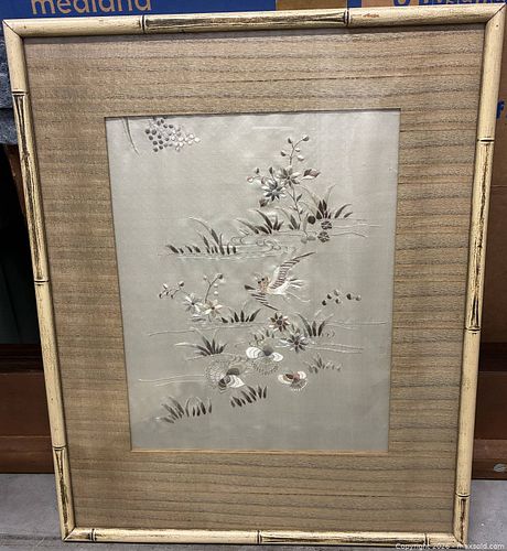 Silk Embroidered Asian Art: Birds & Floral in Bamboo-Look Frame (1 of 4)