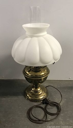 Victorian Brass Hurricane Table Lamp with Milk Glass Shade (1 of 6)