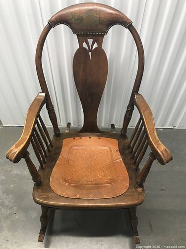 Vintage Brown Wooden Rocking Chair with Stamped Seat (1 of 7)