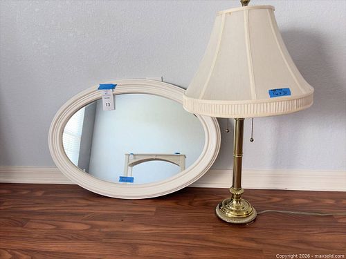 Brass Table Lamp with Fabric Shade & Oval Wall/Vanity Mirror (1 of 13)