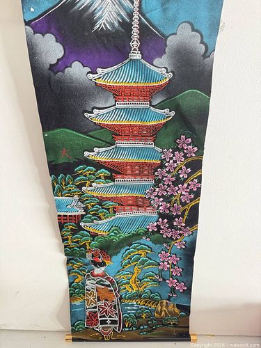 Japanese-Style Embroidered Wall Hanging Scroll with Pagoda Motif (1 of 5)