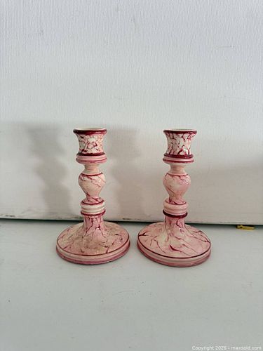Turov Handpainted Ceramic Candlestick Pair, Pink Rose Marble (1 of 3)