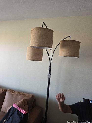 Black 80in Floor Lamp with 3-Head Beige Burlap Shades (1 of 6)