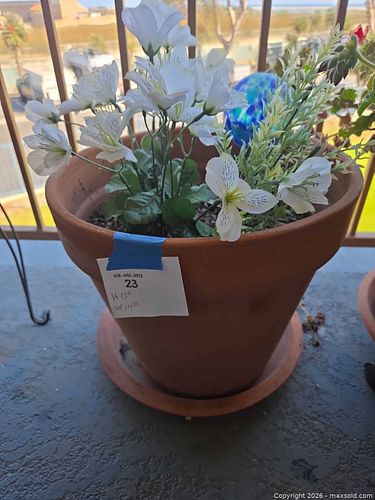 Terracotta Planter with Saucer, faux Flowers & Glass Gazing Ball (1 of 4)