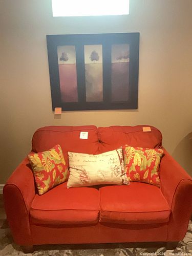 Red Upholstered Loveseat with Framed Triptych Wall Art & Pillows (1 of 11)