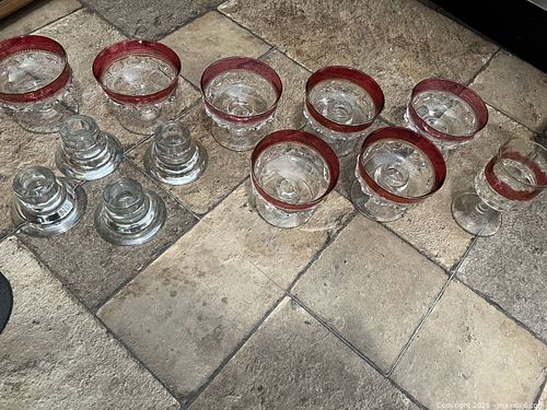 Set of 6 Stemmed Dessert/Sherbet Glasses with Red Rim (1 of 6)