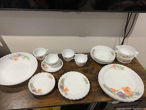 Vintage Milk Glass Dinnerware Set with Orange & Purple Floral SURYA OPAL  (1 of 9)