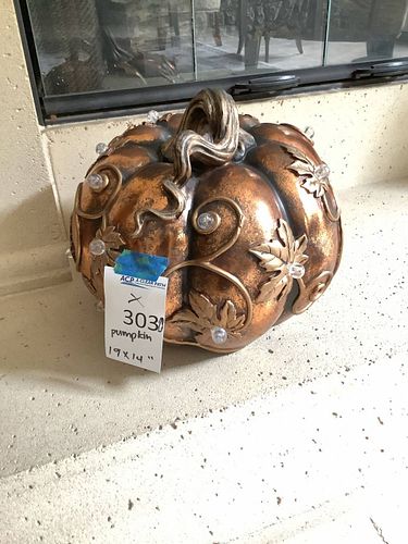 Large Copper-Bronze Decorative Pumpkin with Leaf & Vine (1 of 6)
