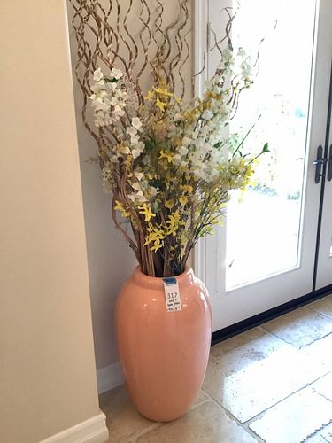 Peach Glazed Ceramic Floor Vase with Faux Floral Arrangement (1 of 6)