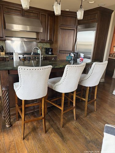 Set of 3 Counter-Height Wood Bar Stools with Beige Fabric Seats (1 of 3)