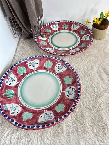 Vtg Italy Solimene Vietri Campagna Burgundy Chicken Design Serving Plates x2 10” (1 of 8)