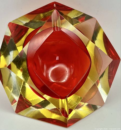 Murano Made in Italy Red & Amber Faceted Art Glass Ashtray (1 of 14)