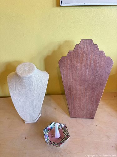 Jewelry display items - Fabric Jewelry Bust, Wooden Necklace Stand & Ceramic Ring Dish (1 of 5)
