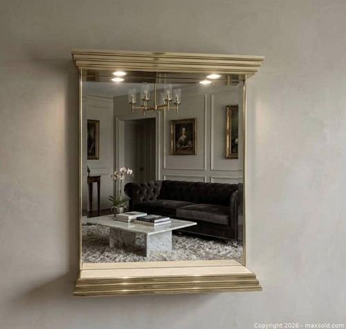 Hollywood Regency Gold Lighted Wall Mirror With Marble Vanity Ledge 27 x 7 x 41.5 Inches (1 of 3)