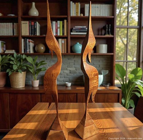 Pair of MCM Mid-Century Modern Carved Teak Crane Sculptures (1 of 3)