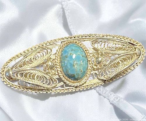 Vintage 900 Silver Filigree & Art Glass Cabochon Brooch (1 of 5)