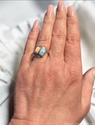 Vintage Modernist Sterling Silver Larimar & Coral Ring (1 of 8)