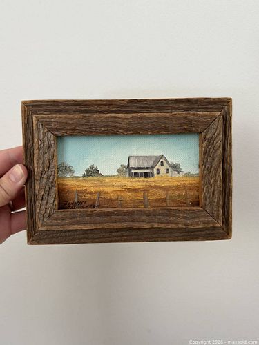 Vintage Miniature Farmhouse Painting in Reclaimed Barn Board Frame Signed (1 of 6)