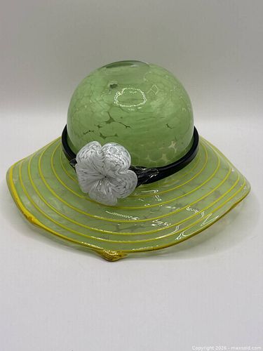     Decorative Art Glass Green Hat Cased Glass with White Flower (1 of 4)