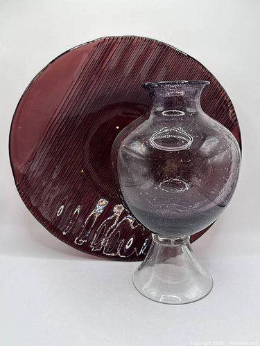     Hand Blown Art Glass Vase & Purple Striped Plate Display Lot (1 of 7)