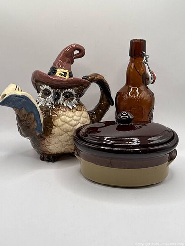 Vintage Pottery & Stoneware Decorative Lot – Owl Pitcher, Brown Jug, Bowl & Lidded Dish (1 of 13)