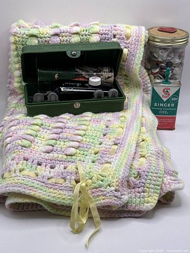     Vintage Sewing Lot – Handmade Crochet Blanket, Buttonholer, Buttons & Tin (1 of 6)