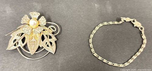 Sterling Silver & Gold-Tone Bracelet with Faux Pearl Brooch (1 of 10)