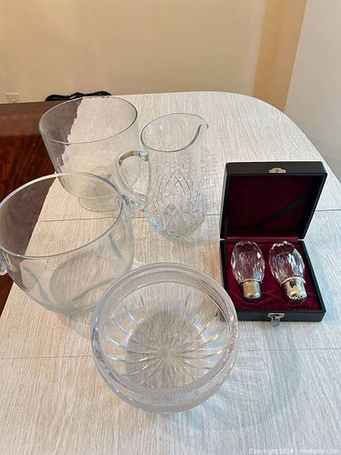 Mixed glassware lot — punch bowl, pitcher, footed & crystal pieces (1 of 11)
