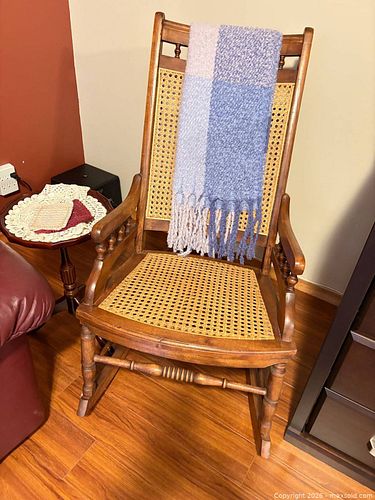 Rocking Chair and Pedestal Side Table — Wood, Cane, Burgundy Top (1 of 7)