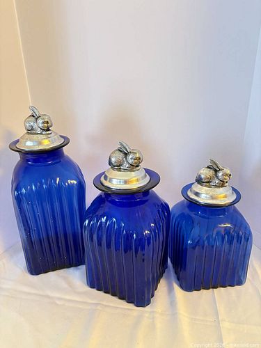 Set of 3 Cobalt Blue Glass Canisters with Silver-Tone Rabbit Lids (1 of 13)