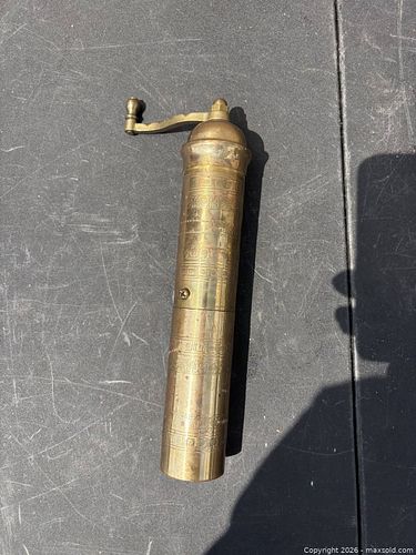 Antique Brass Manual Coffee Grinder, Engraved Greek Style (1 of 5)