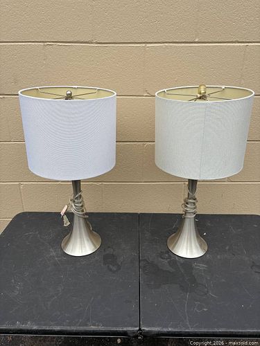 Pair of Brushed Nickel Table Lamps with White Shades (1 of 4)