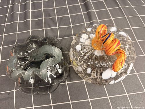 Pair of Hand-Blown Art Glass Vases with Smoky Clear & Orange Stems (1 of 5)