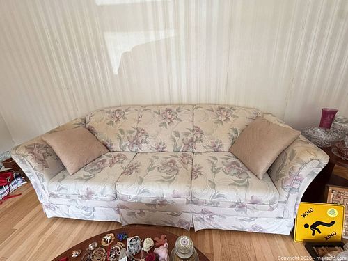 Traditional 3-Seat Cream Floral Rolled-Arm Sofa, Skirted (1 of 8)