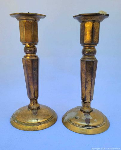 Antique Pair Brass Candlesticks, Antique Aged Patina, About 6 in (1 of 4)