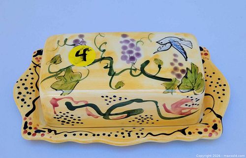 Jose Ventura Signed Hand-Painted Ceramic Butter Dish with Grapevine & Bird (1 of 4)