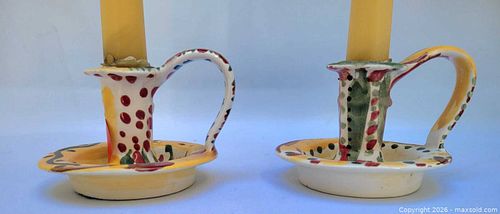 Pair of Jose Ventura Signed Hand-Painted Majolica-Style Ceramic Candlesticks (1 of 4)