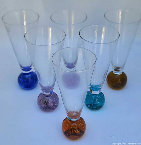 Set of 6 Hand-Blown Wine Glasses Kosta Boda ? with Colored Bubble Bases (1 of 5)