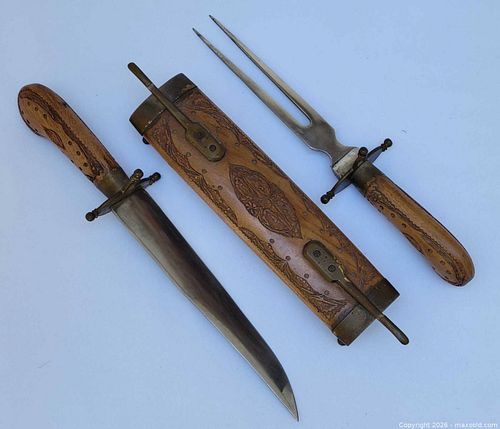 Vintage Carving Knife & Fork Set with Hand-Carved Wooden Scabbard (1 of 5)